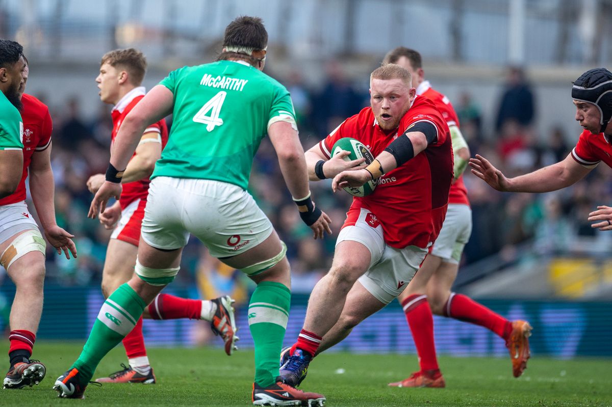 Keiron Assiratti #3 of Wales is defended by Joe McCarthy #4 of Ireland during the Ireland V Wales, Six Nations rugby union match at Aviva Stadium