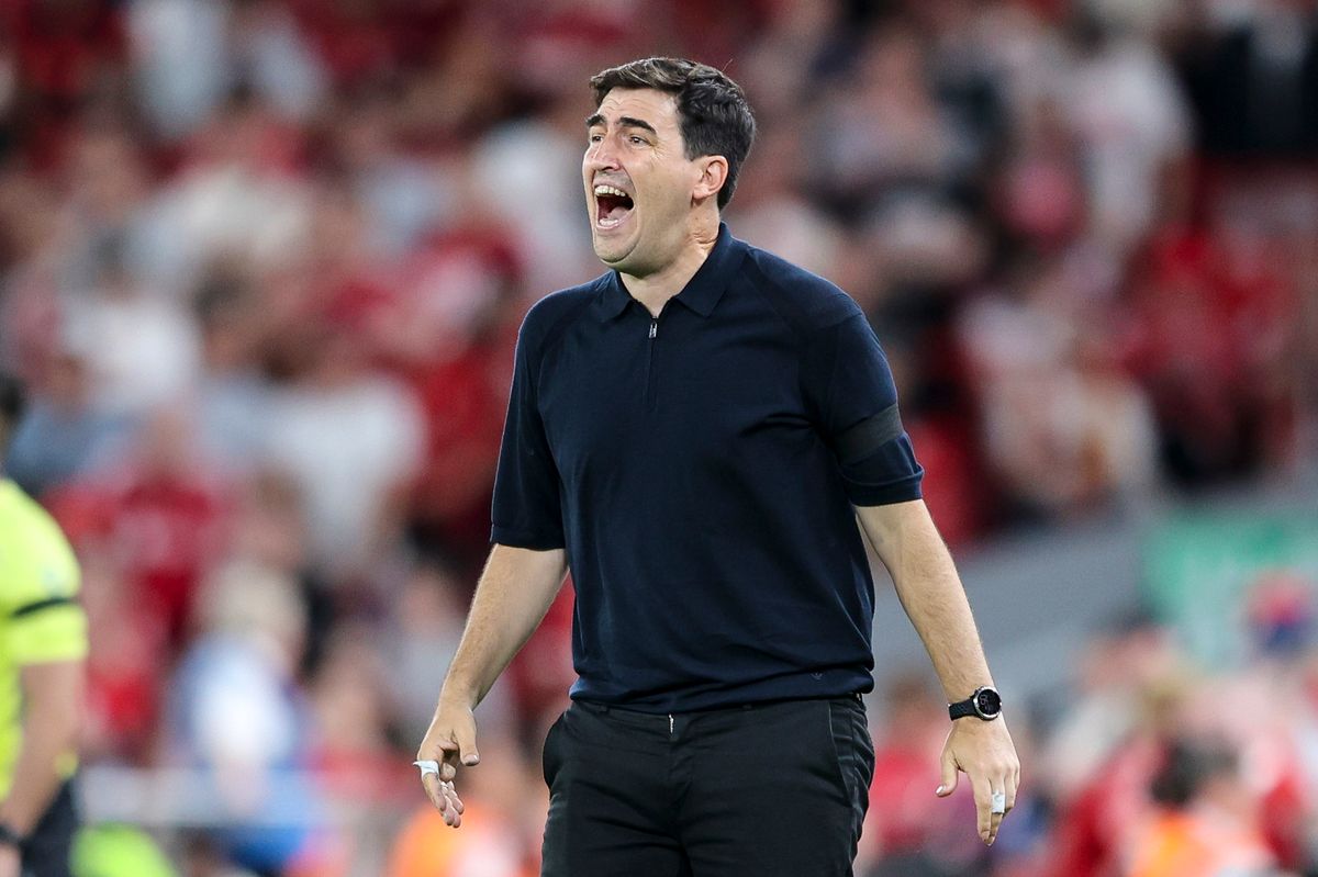 LIVERPOOL, ENGLAND - AUGUST 15: Head Coach Andoni Iraola of Bournemouth during the Premier League match between Liverpool and Bournemouth at Anfield on August 15, 2025 in Liverpool, England. (Photo by Robin Jones - AFC Bournemouth/AFC Bournemouth via Getty Images)