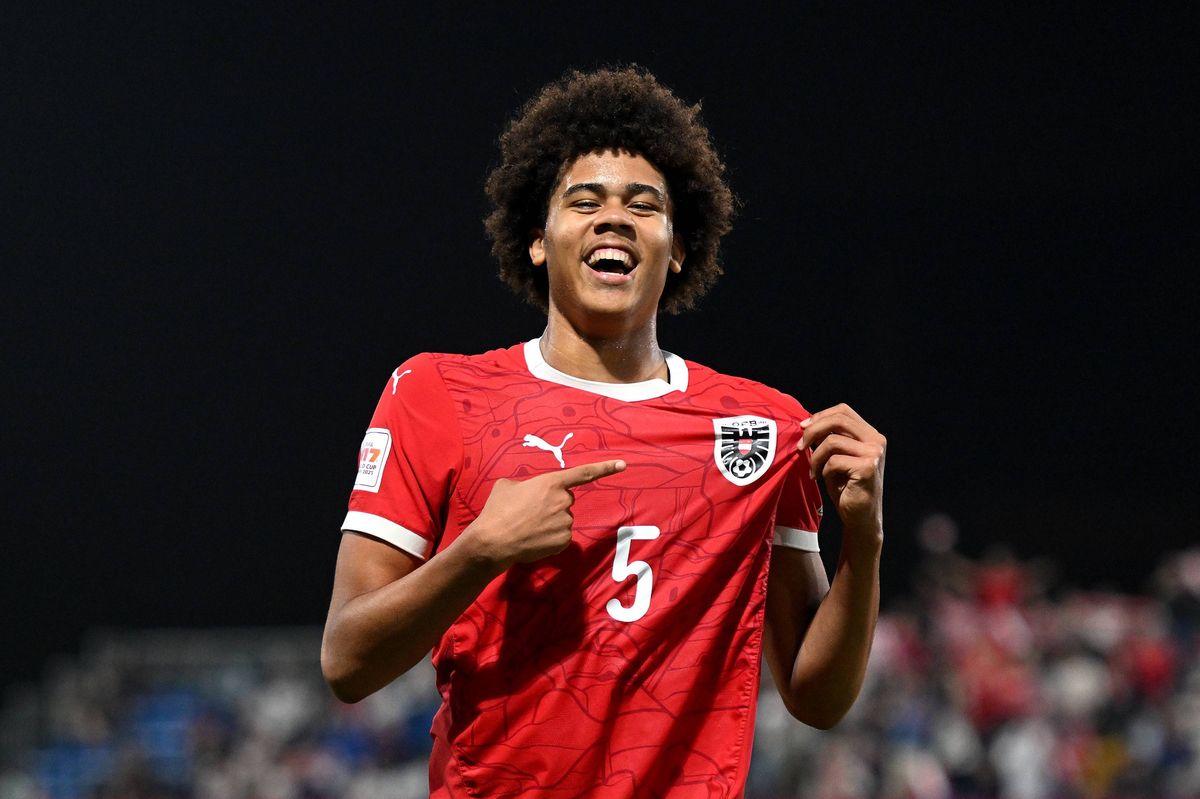 Ifeanyi Ndukwe of Austria celebrates scoring his team's fourth goal during the FIFA Under-17 World Cup Round of 16 match between Austria and England at Aspire Academy