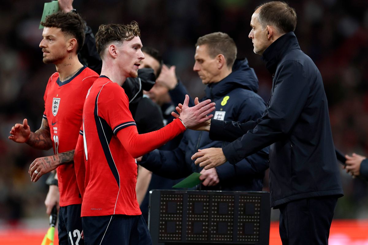 LONDON, ENGLAND - MARCH 27: Thomas Tuchel, Head Coach of England, interacts with James Garner of England during the international friendly match between England and Uruguay at Wembley Stadium on March 27, 2026 in London, England. (Photo by Eddie Keogh - The FA/The FA via Getty Images)