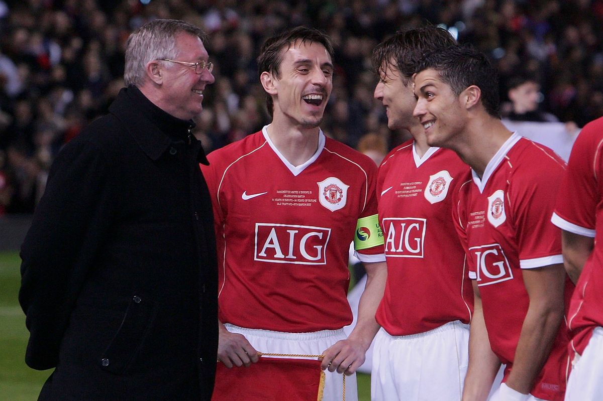 Sir Alex Ferguson, Gary Neville, Gabriel Heinze and Cristiano Ronaldo