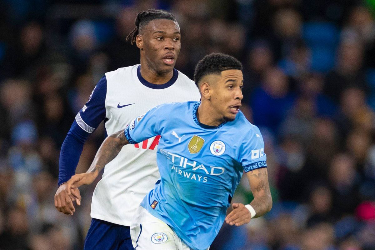 Savinho #26 of Manchester City F.C. is in action during the Premier League match between Manchester City and Tottenham Hotspur at the Etihad Stadium in Manchester, England, on November 23, 2024. (Photo by MI News/NurPhoto via Getty Images)