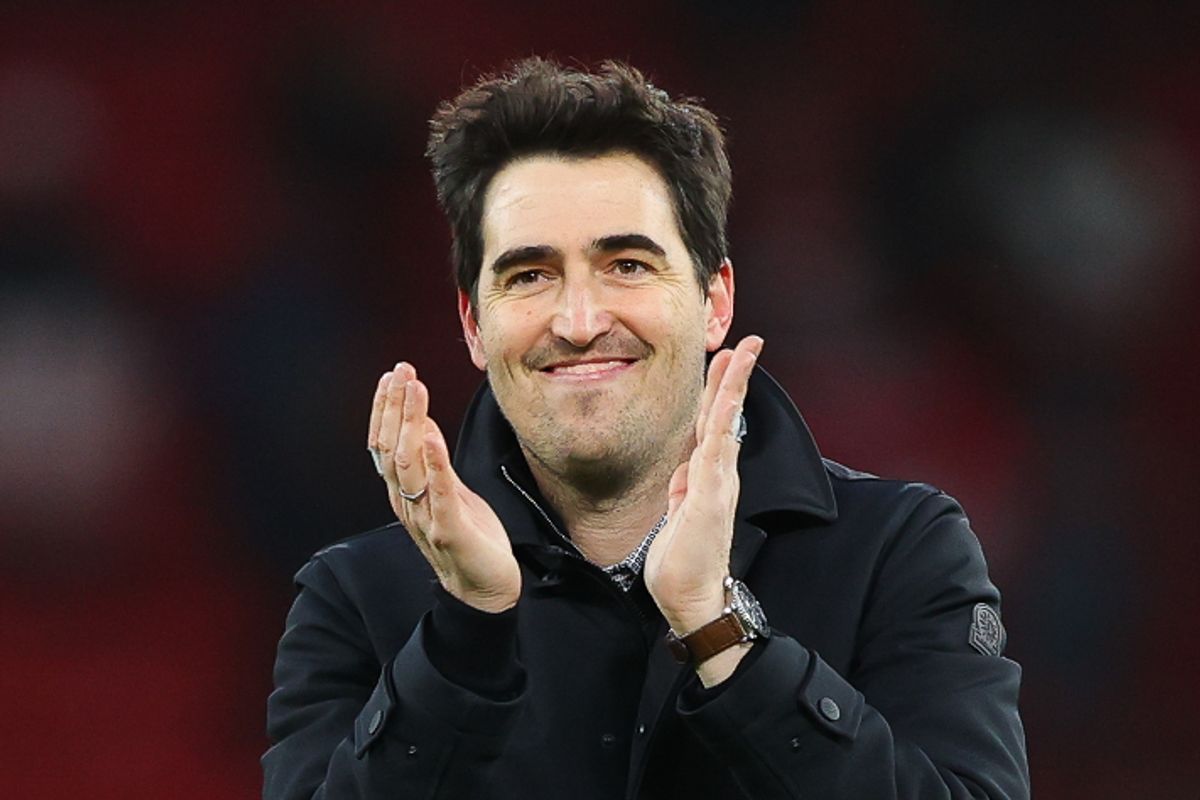 Andoni Iraola, manager of AFC Bournemouth, celebrates after the Premier League match between Manchester United FC and AFC Bournemouth at Old Trafford
