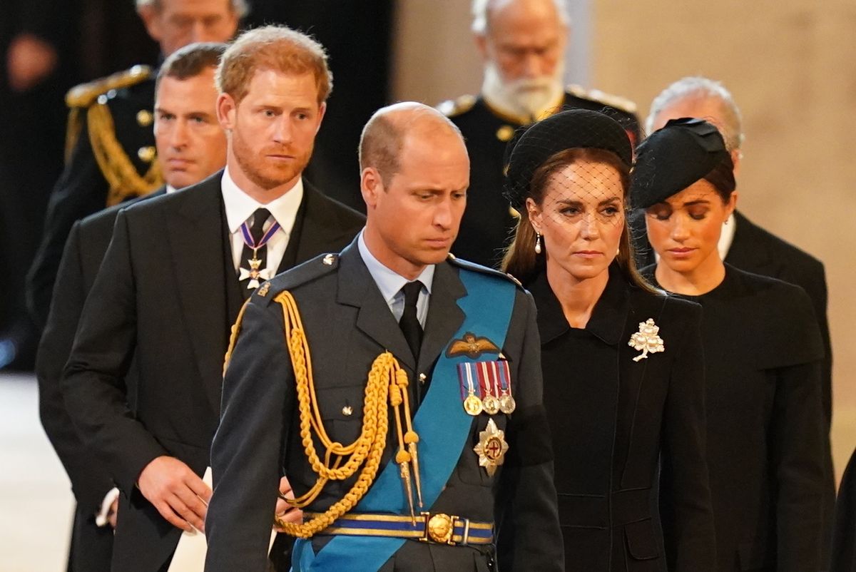 Peter Phillips, the Duke of Sussex, the Prince of Wales, the Princess of Wales and the Duchess of Sussex at Queen Elizabeth II's funeral
