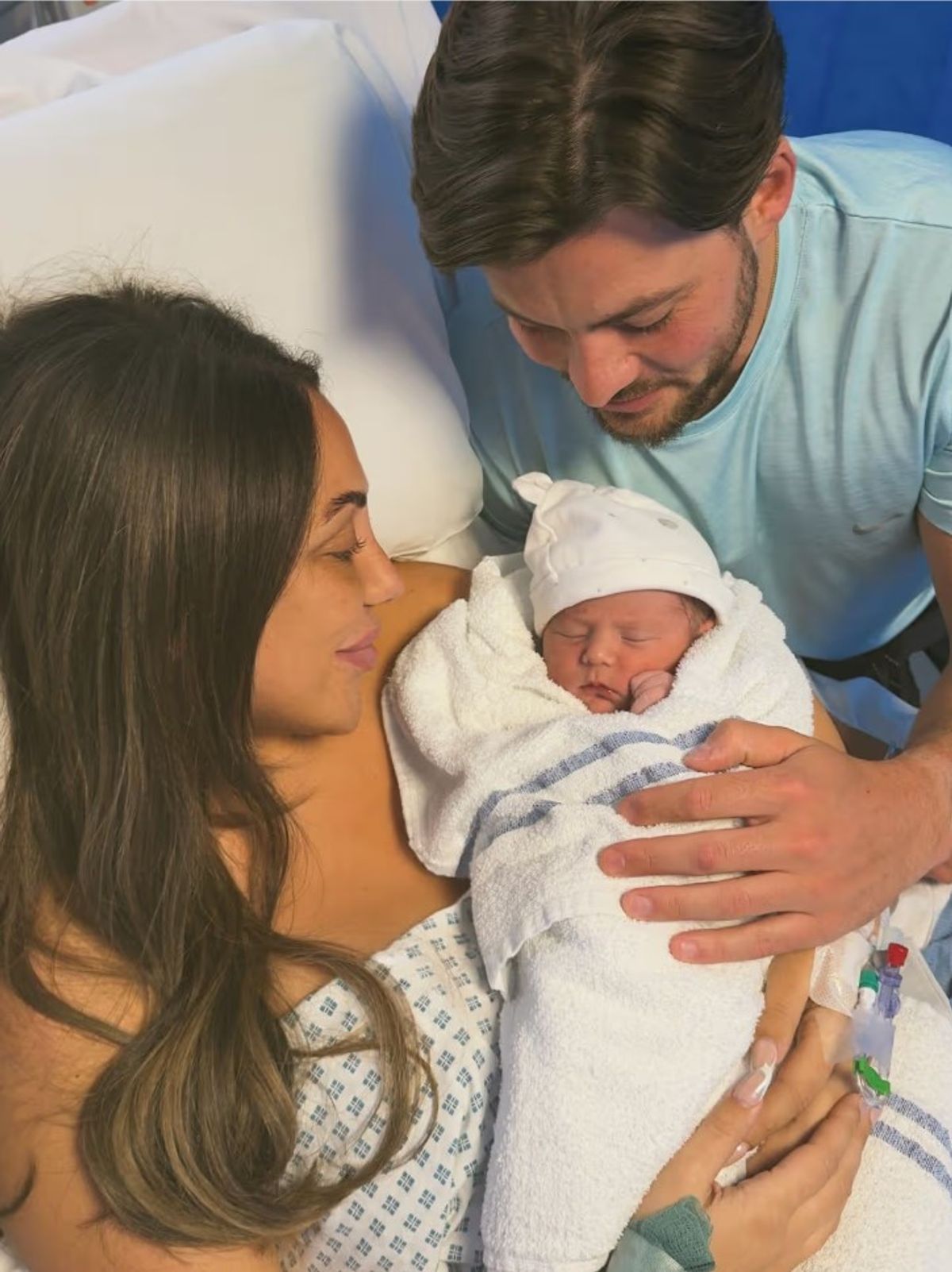 Sophie Kasaei and husband Jordan Brook with their newborn son