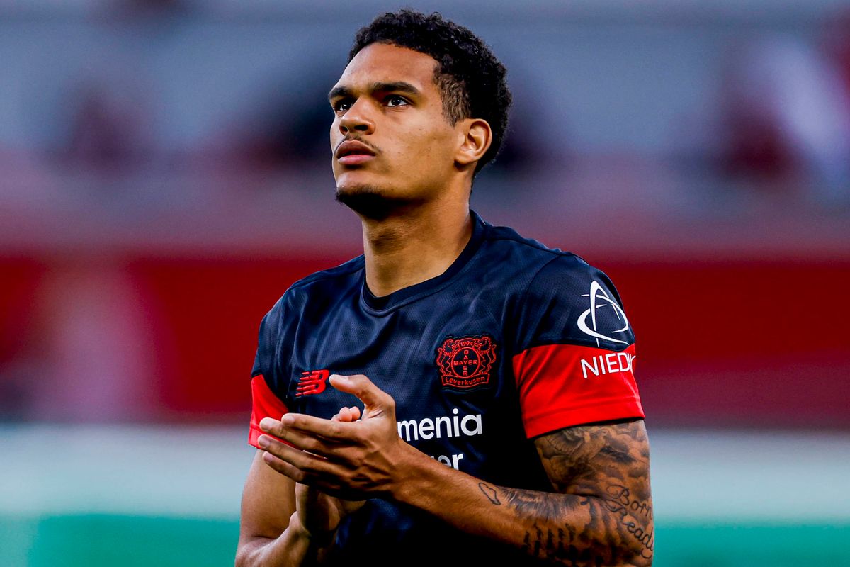 Jarell Quansah of Bayer 04 Leverkusen looks on before the DFB Cup Semifinal match between Bayer 04 Leverkusen and FC Bayern Munchen at BayArena on April 22, 2026 in Leverkusen, Germany.