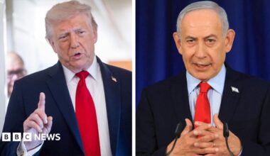 A composite image shows President Donald Trump on the left holding a finger up and wearing a suit, shirt and tie as he speaks to reporters. On the right Prime Minister Benjamin Netanyahu also wears a suit, shirt and tie and interlaces his fingers as he speaks during a press conference.