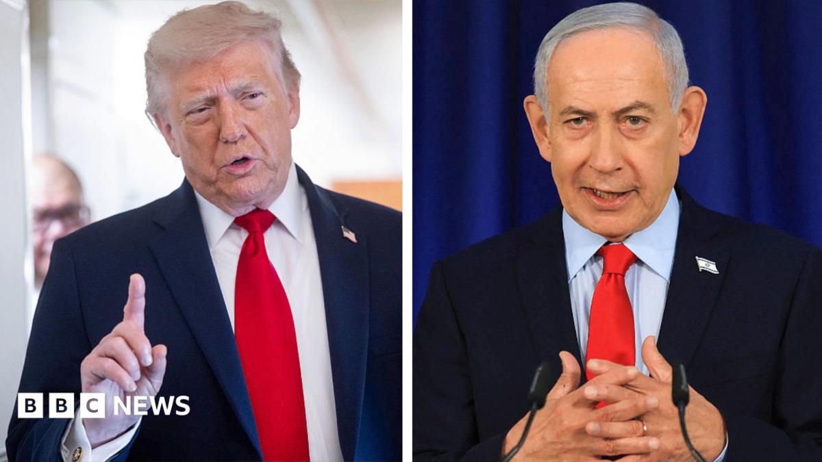 A composite image shows President Donald Trump on the left holding a finger up and wearing a suit, shirt and tie as he speaks to reporters. On the right Prime Minister Benjamin Netanyahu also wears a suit, shirt and tie and interlaces his fingers as he speaks during a press conference.