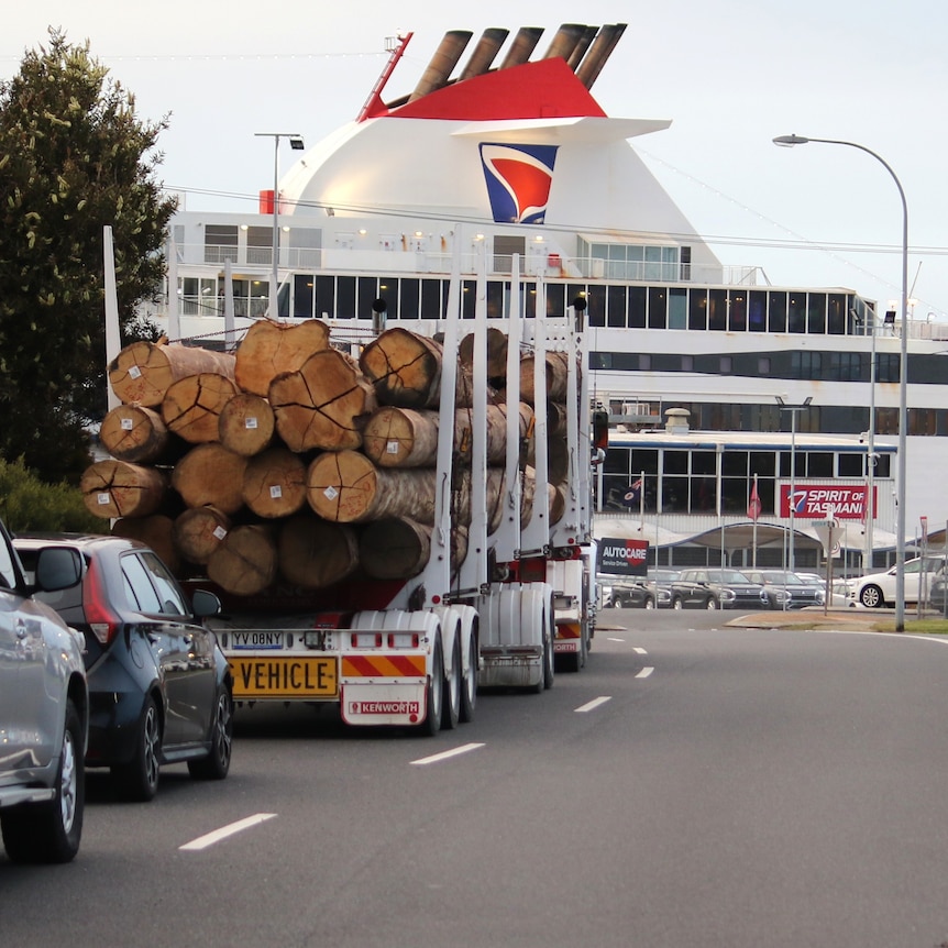 A semi-trailer loaded with logs in a traffic lane approaching a port. The large Spirit of Tasmania ship is in front of it.