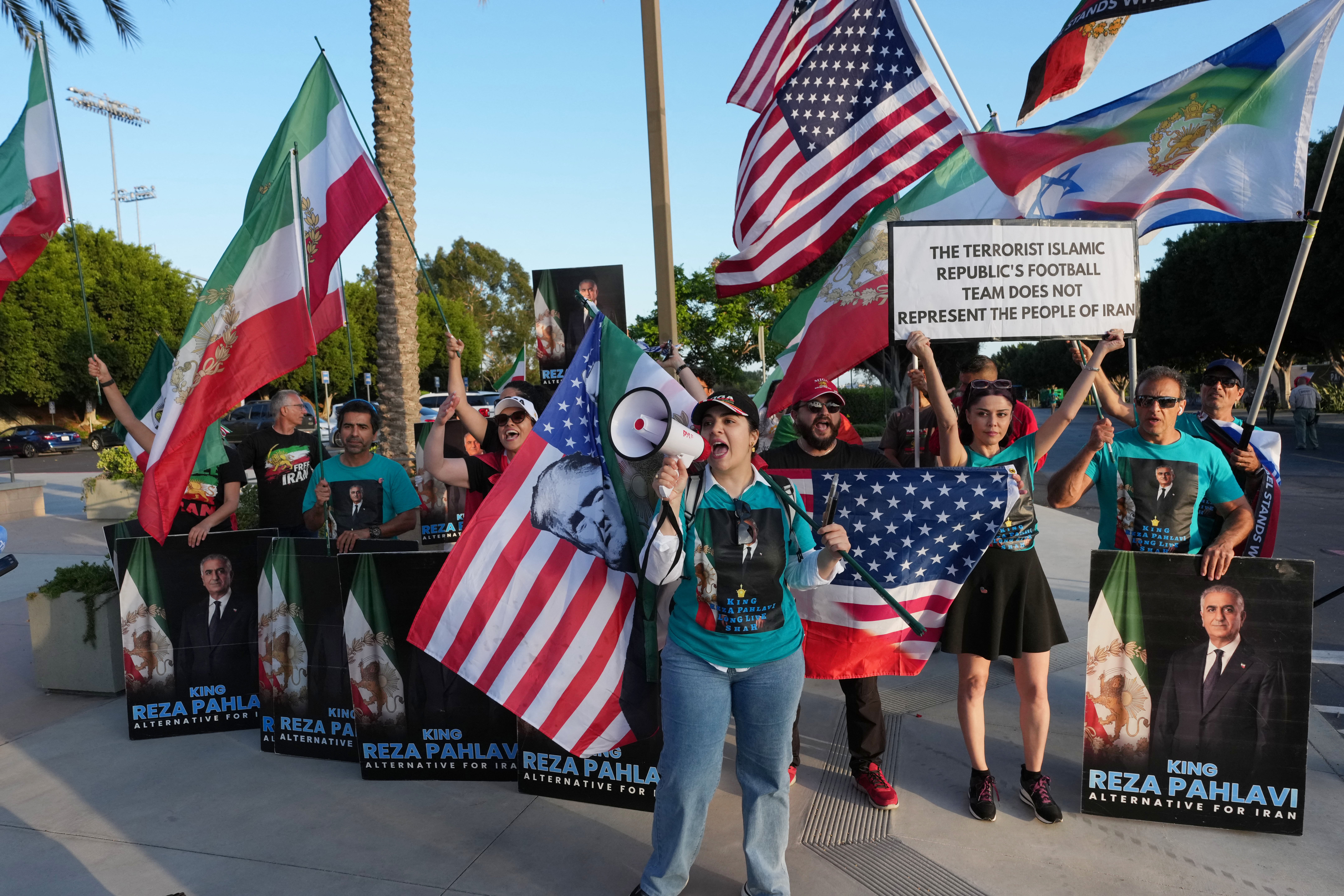 Protests in California on Sunday outside the Iranian World Cup training grounds