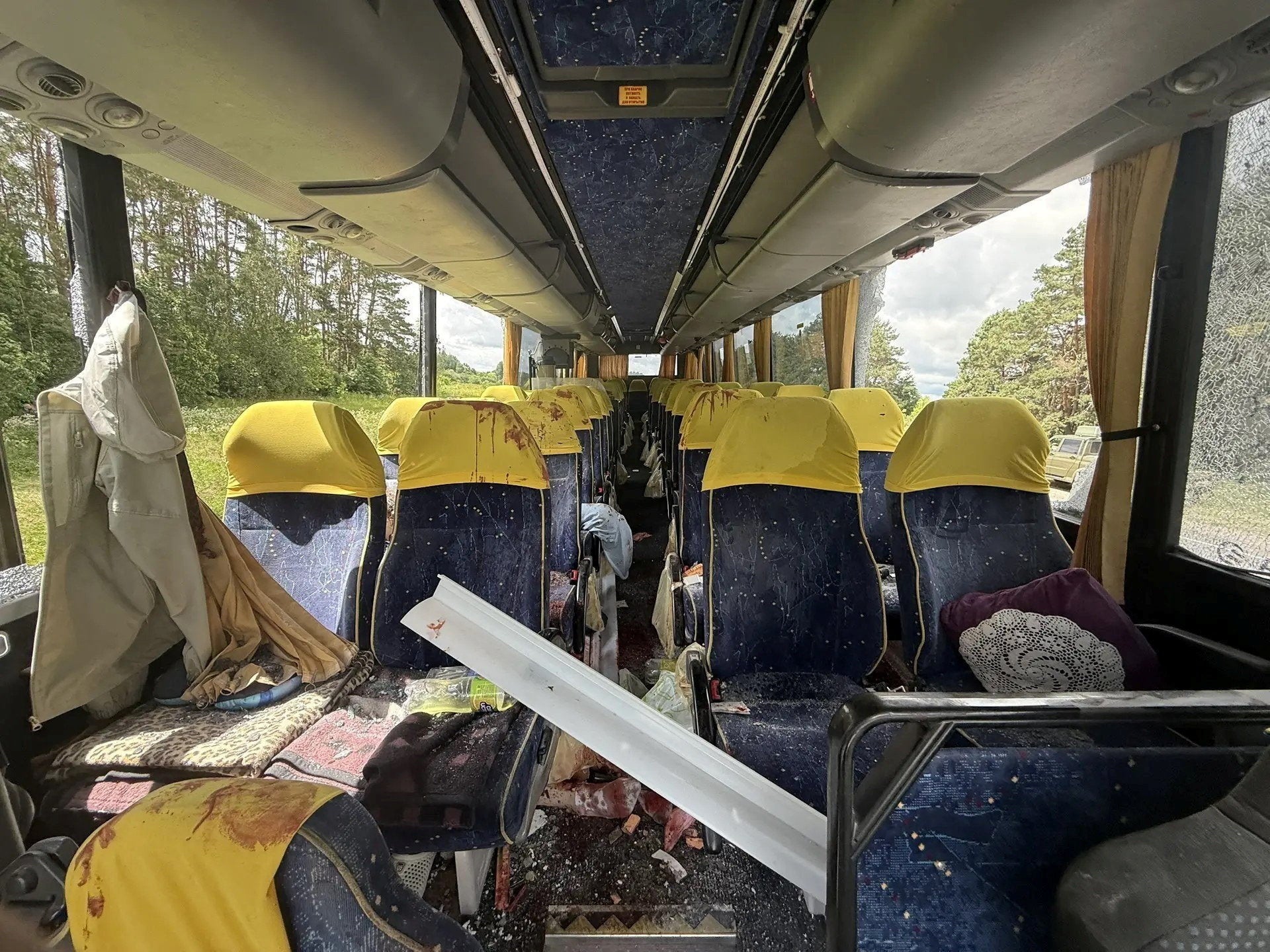 An interior view of a bus which, according to local authorities, was attacked by a Ukrainian drone