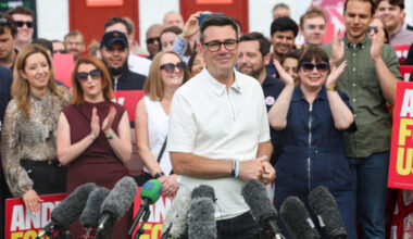 Greater Manchester Mayor Burnham addresses members and supporters of the Labour Party after winning the Makerfield by-elec...