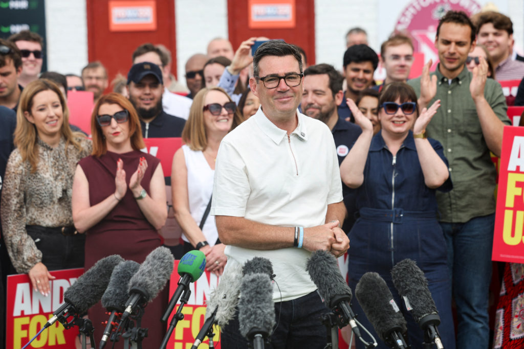 Greater Manchester Mayor Burnham addresses members and supporters of the Labour Party after winning the Makerfield by-elec...