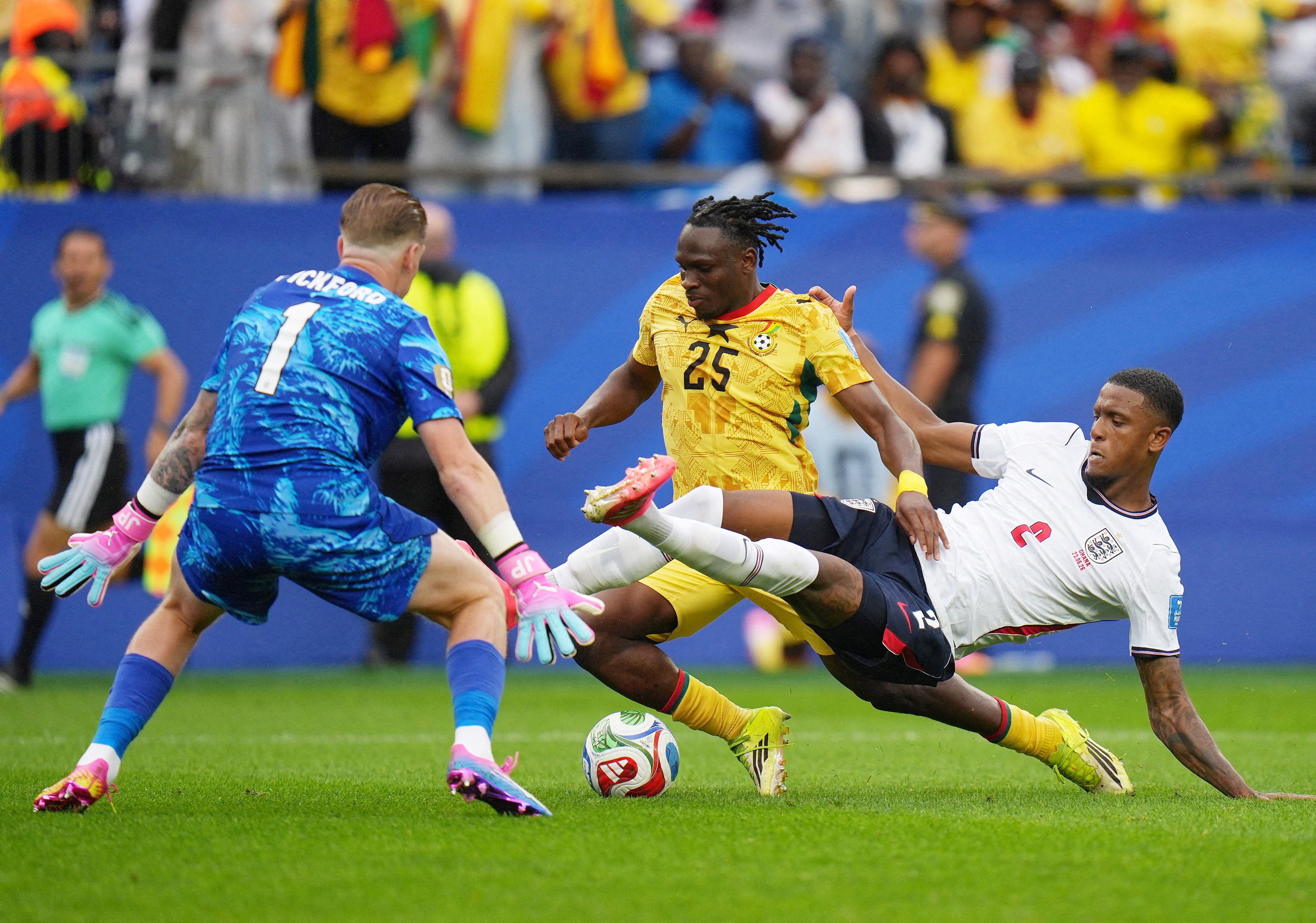 Ezri Konsa was lucky not to concede a penalty for a lunging challenge on Adu