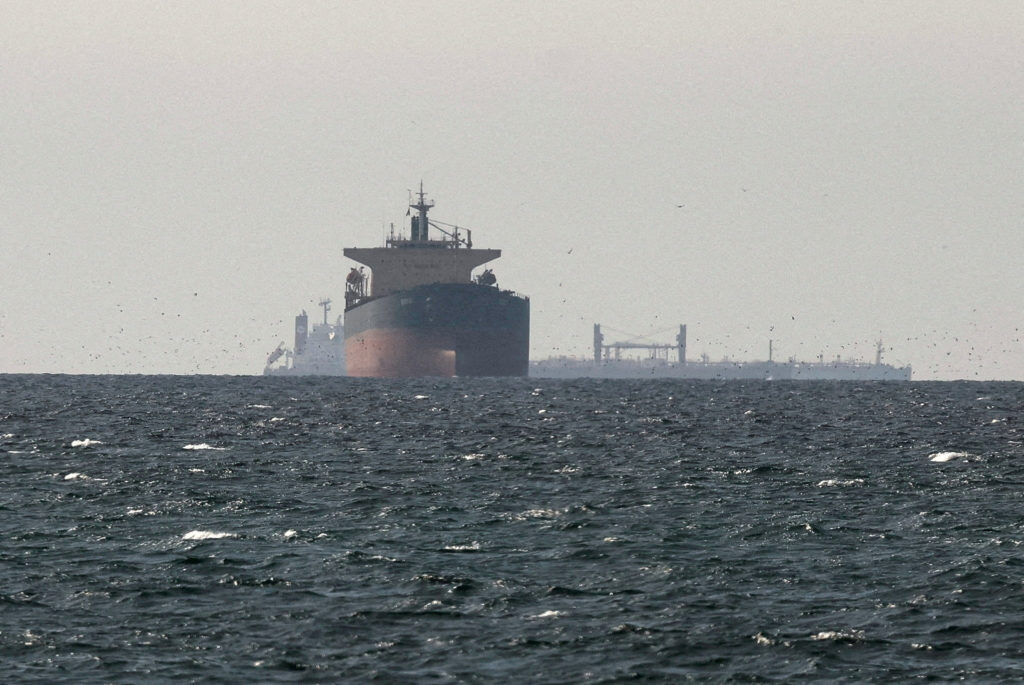 FILE PHOTO: Cargo ships in the Gulf, near the Strait of Hormuz