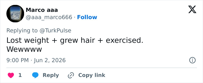 Comment mentioning weight loss, hair growth, and exercise contributing to transformation Comment mentioning weight loss, hair growth, and exercise contributing to transformation