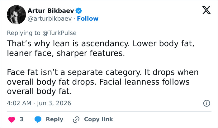 Comment explaining facial leanness follows overall body fat reduction, linked to jaw exercises results Comment explaining facial leanness follows overall body fat reduction, linked to jaw exercises results