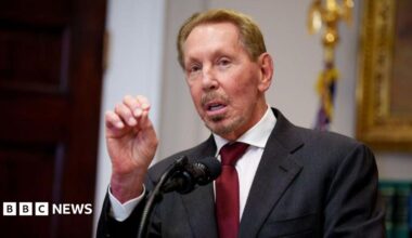 Oracle co-founder Larry Ellison gesturing while making a speech before a microphone