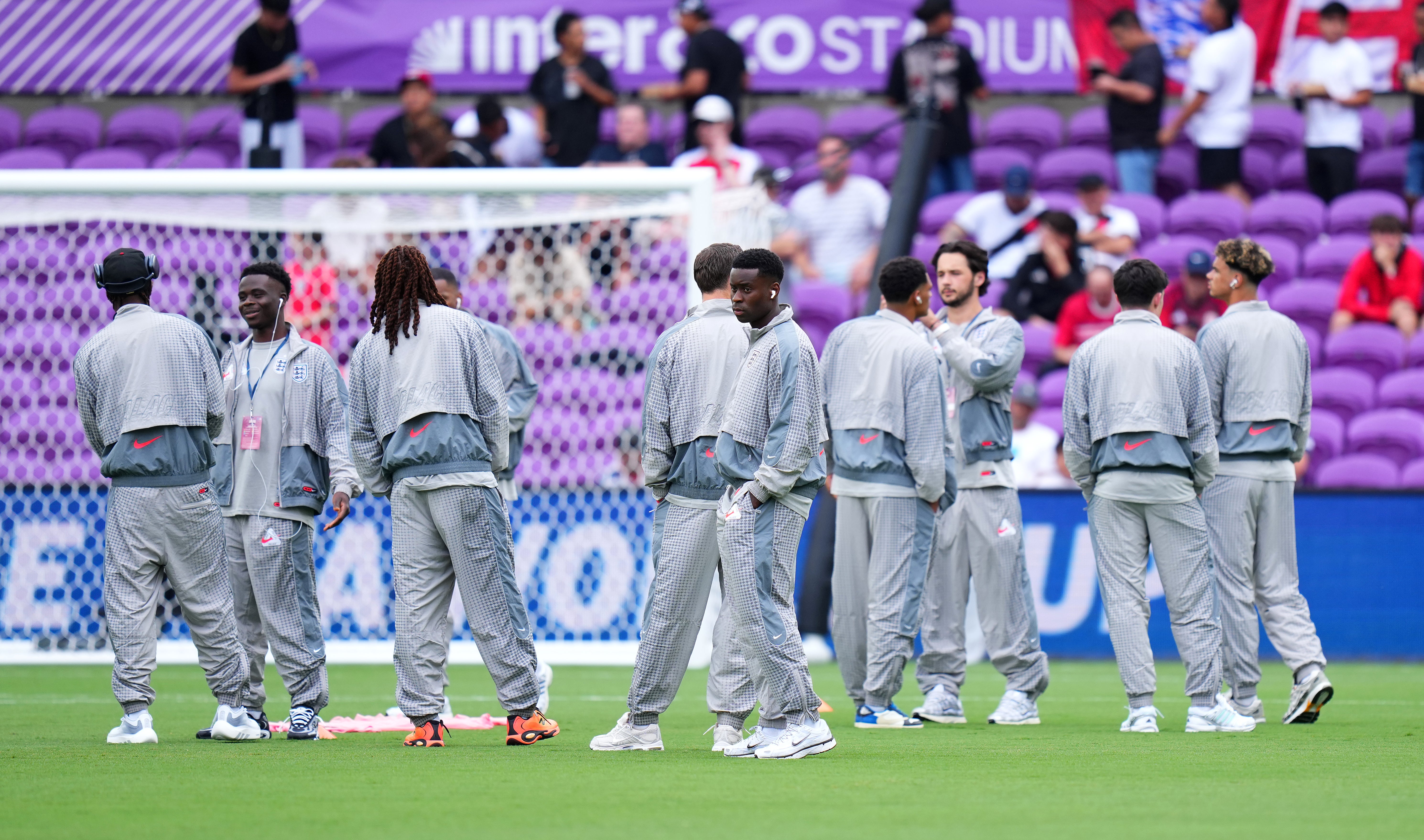 England players inspect the pitch before taking on Costa Rica