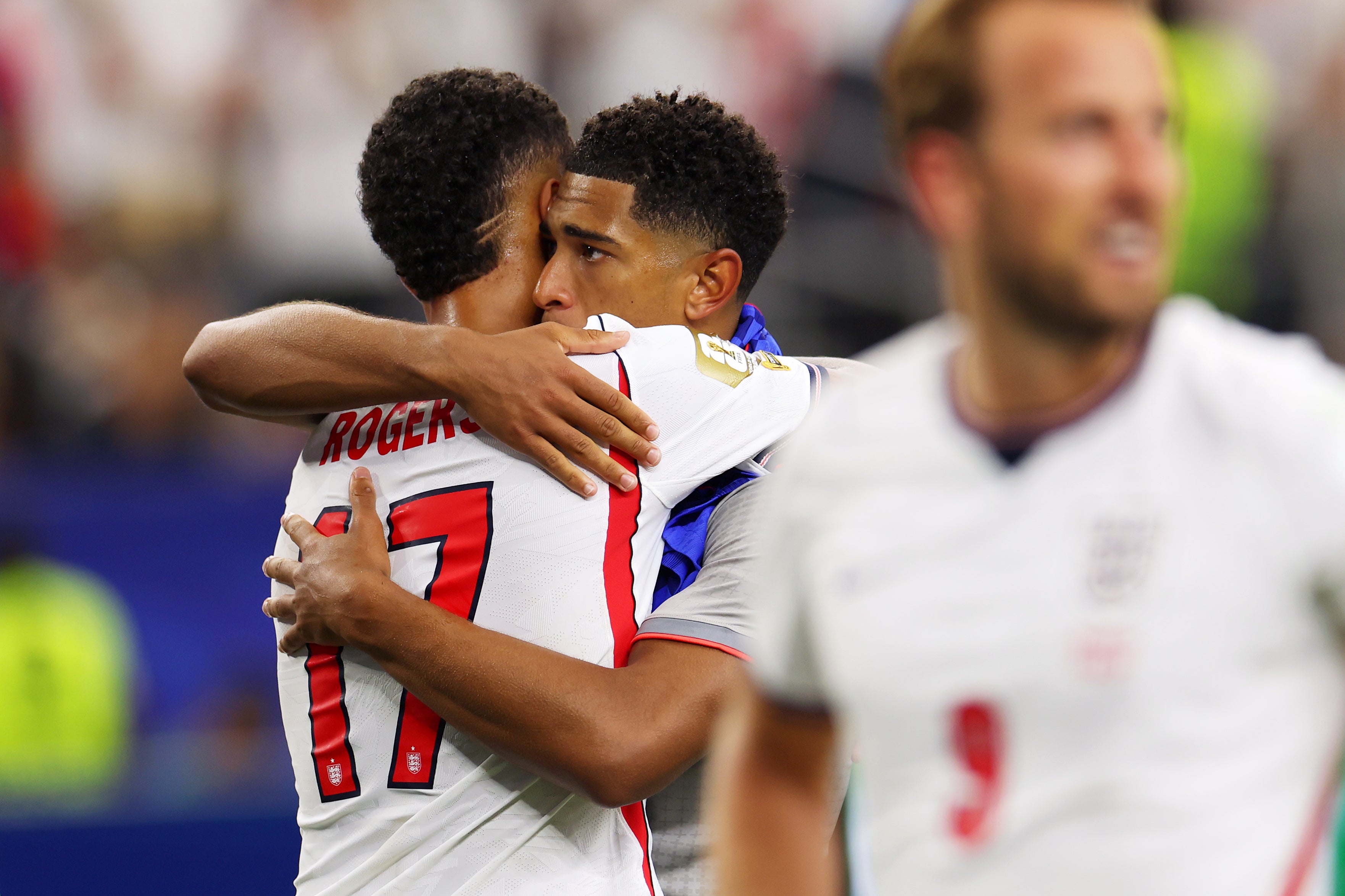 Morgan Rogers and Jude Bellingham embrace at full-time
