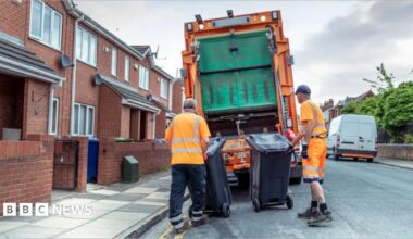 Two refuse collectors in orange high-vis. They are moving two black bins towards the back of a truck on a street lined with houses on the left.