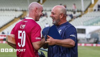 Northants Steelbacks batsman Chris Lynn shaking hands and smiling with coach Darren Lehmann after helping guide his side to victory against Warwickshire Bears in the T20 Blast