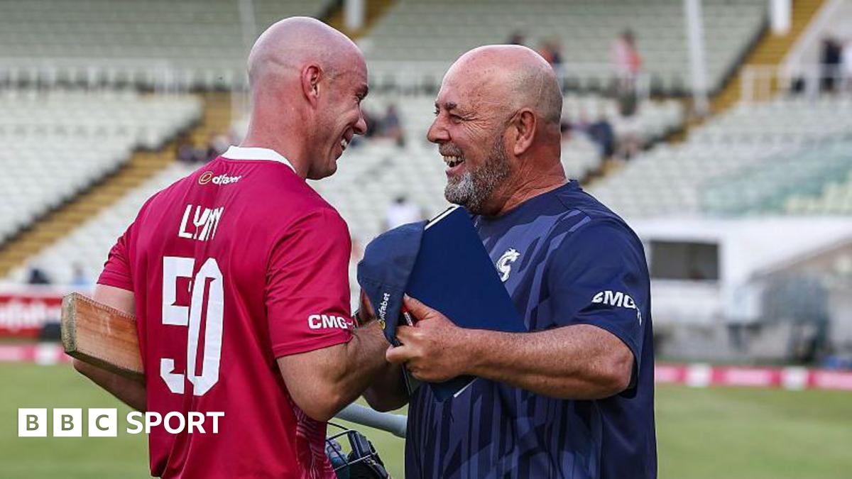 Northants Steelbacks batsman Chris Lynn shaking hands and smiling with coach Darren Lehmann after helping guide his side to victory against Warwickshire Bears in the T20 Blast