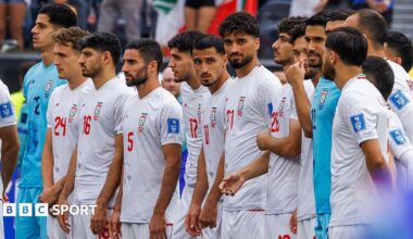 Iran players during the national anthem