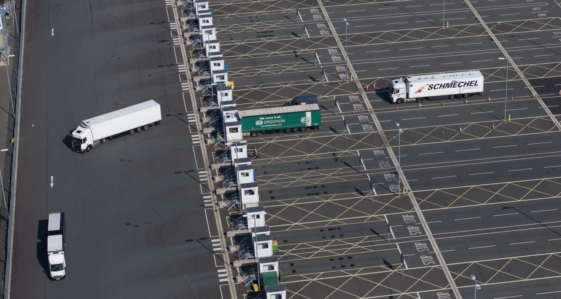 An aerial view of the Sevington Inland Border Facility and customs clearance centre in the U.K. Knock-on effects of war in the Middle East have dampened economic prospects across the eurozone.