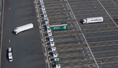An aerial view of the Sevington Inland Border Facility and customs clearance centre in the U.K. Knock-on effects of war in the Middle East have dampened economic prospects across the eurozone.
