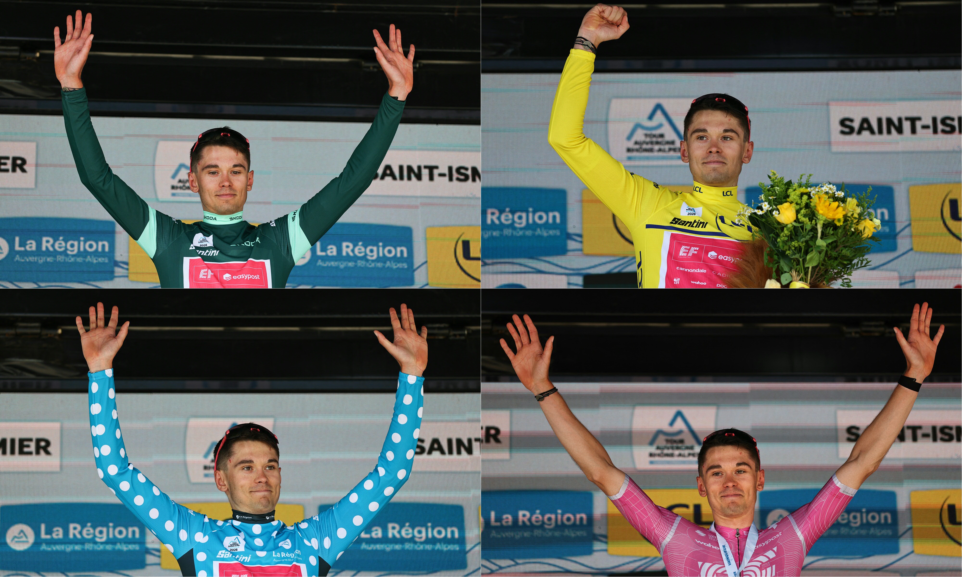 (COMBO) This combination of pictures created on June 7, 2026 shows EF Education - EasyPost's French rider Alex Baudin celebrating on the podium (Clockwise from top L) with the sprinter's green jersey, the overall leader's yellow jersey, his stage victory, and with the climber's dotted jersey after winning the 1st stage of the Tour Auvergne-Rhone-Alpes cycling race (formerly known as the Criterium du Dauphine), 146,2km between Vizille and Saint-Ismier, in the French Alps. (Photo by Anne-Christine POUJOULAT / AFP)
