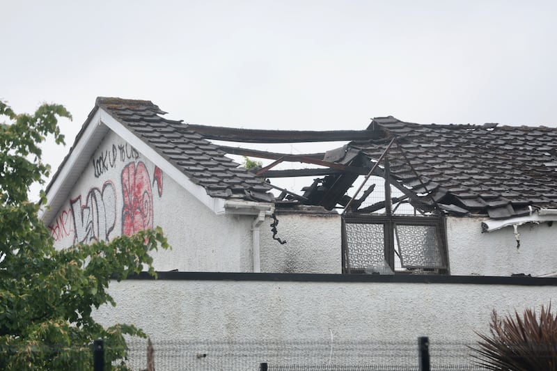 The damage following a fire in the early hours of this morning at a former gospel hall on the Shankill Road.