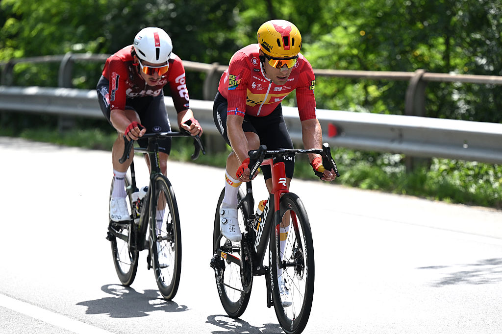 SONDRIO, ITALY - JUNE 17: (L-R) Cedric Beullens of Belgium and Team Lotto Intermarche and Fredrik Dversnes Lavik of Norway and Team Uno-X Mobility compete in the breakaway during the 89th Tour de Suisse 2026, Stage 1 a 144km stage from Sondrio to Sondrio / #UCIWT / on June 17, 2026 in Sondrio, Italy. (Photo by Tim de Waele/Getty Images)