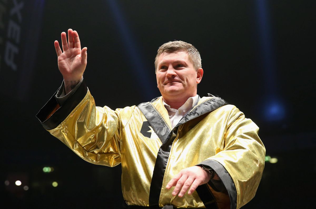 Ultimate Boxxer Ambassador, Ricky Hatton, is introduced to the crowd wearing the gold gown which will be presented to the winner of the Ultimate Boxxer tournament at Manchester Arena on April 27, 2018 in Manchester, England.
