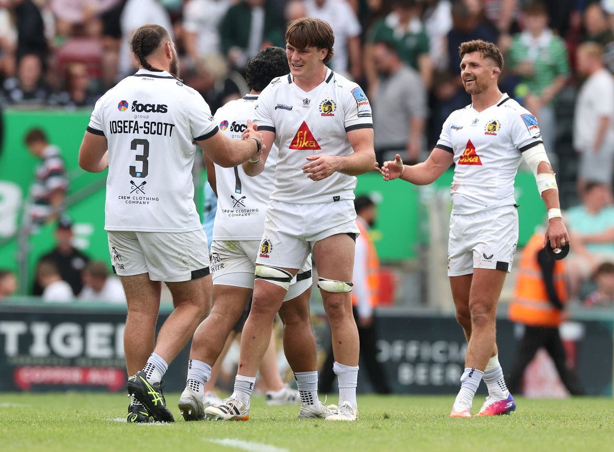 LEICESTER, ENGLAND - MAY 31:  Tom Hooper of Exeter Chiefs celebrates with Josh Iosefa-Scott after their victory during the Gallagher PREM match between Leicester Tigers and Exeter Chiefs at Mattioli Woods Welford Road Stadium on May 31, 2026 in Leicester, England. (Photo by David Rogers/Getty Images)