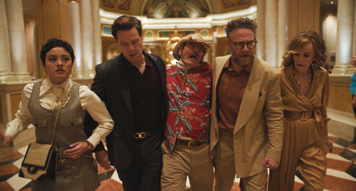 Chase Sui Wonders, Ike Barinholtz, Bryan Cranston, Seth Rogen and Catherine O’Hara in "The Studio," now streaming on Apple TV.