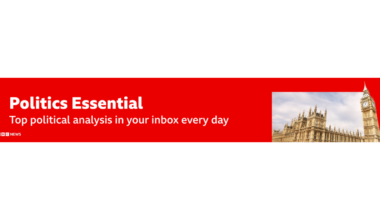 Thin, red banner promoting the Politics Essential newsletter with text saying, “Top political analysis in your inbox every day”. There is also an image of the Houses of Parliament.