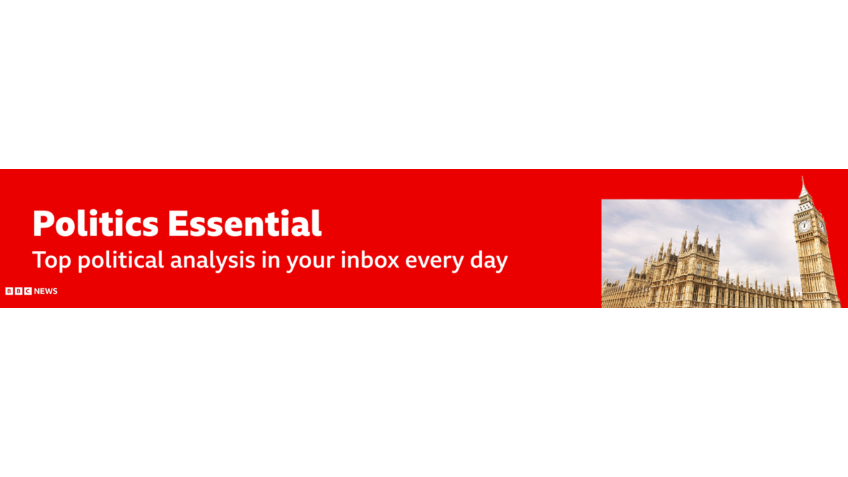Thin, red banner promoting the Politics Essential newsletter with text saying, “Top political analysis in your inbox every day”. There is also an image of the Houses of Parliament.