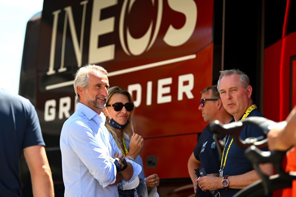 PINEROLO, ITALY - JULY 02: (L-R) Jean-Claude Blanc of France - CEO of INEOS Sport and current acting CEO of Manchester United Football Club and John Allert Chief Executive Officer (CEO) of Team INEOS Grenadiers prior to the 111th Tour de France 2024, Stage 4 a 139.4km stage from Pinerolo to Valloire / #UCIWT / on July 02, 2024 in Pinerolo, Italy. (Photo by Dario Belingheri/Getty Images)