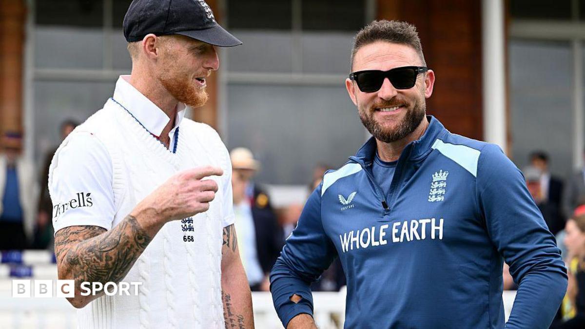 Ben Stokes and Brendon McCullum on England duty, with Stokes in white kit and McCullum, who is wearing sunglasses, in blue training outfit