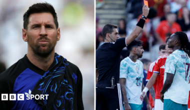 A split picture showing Argentina forward Lionel Messi and Portugal forward Rafael Leao being red-carded