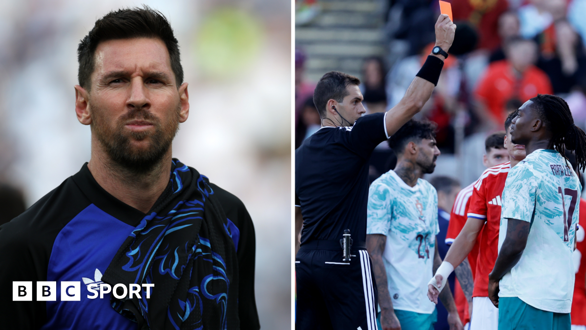 A split picture showing Argentina forward Lionel Messi and Portugal forward Rafael Leao being red-carded