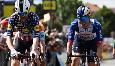MONTROND-LES-BAINS, FRANCE - JUNE 10: (L-R) Stage winner Quinn Simmons of United States and Team Lidl - Trek and Finn Fisher-Black of New Zealand and Team Red Bull - BORA - hansgrohe on second place cross the finish line during the 78th Tour Auvergne-Rhone-Alpes 2026, Stage 4 a 167.4km stage from Le Puy-en-Velay to Montrond-les-Bains / #UCIWT / on June 10, 2026 in Montrond-les-Bains, France. (Photo by Dario Belingheri/Getty Images)