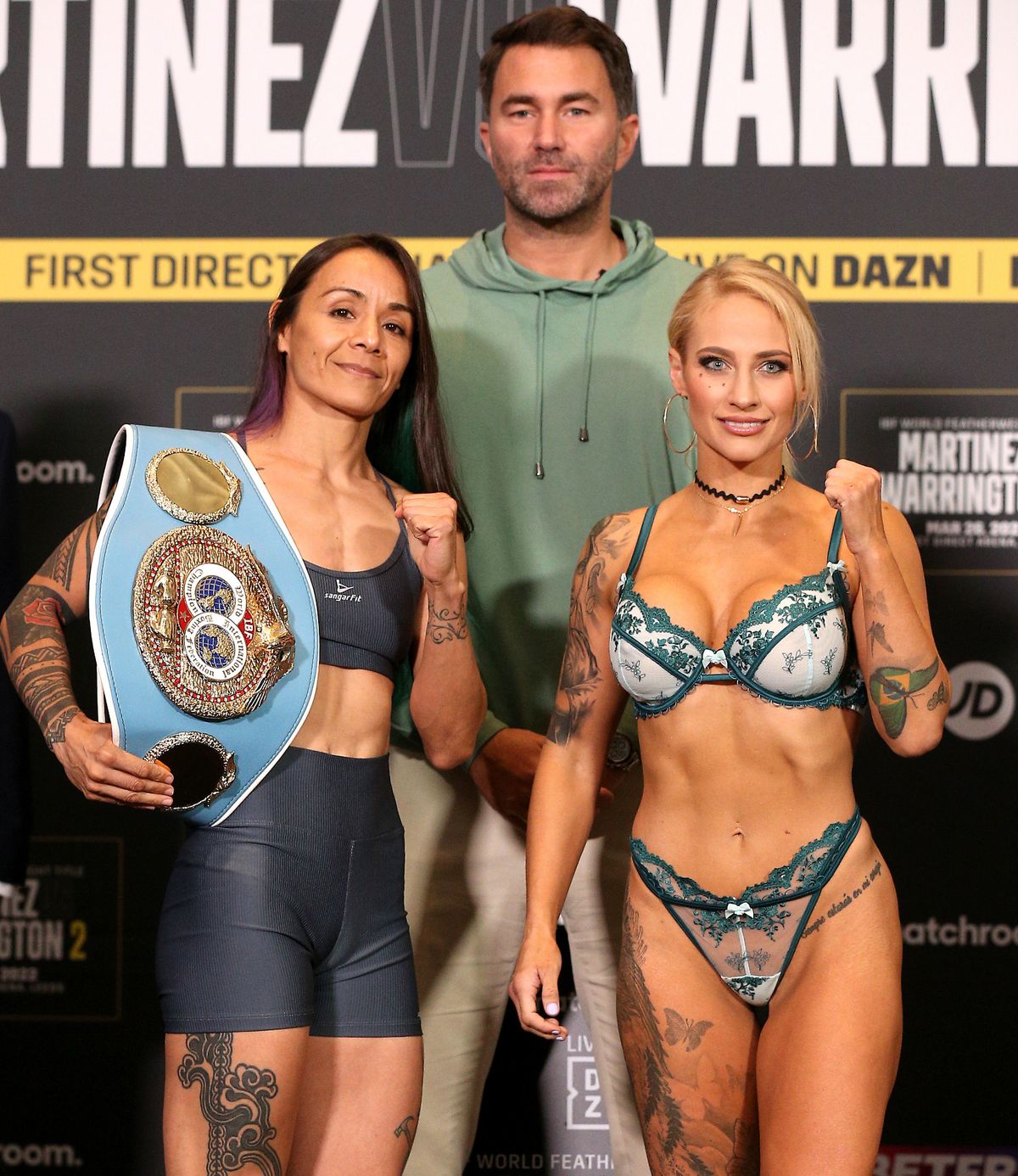 Maria Cecilla Roman and Ebanie Bridges face off as Eddie Hearn looks on