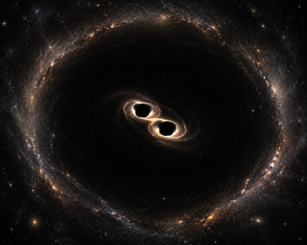 Artistic depiction of black holes merging and forming a void around them with no stars