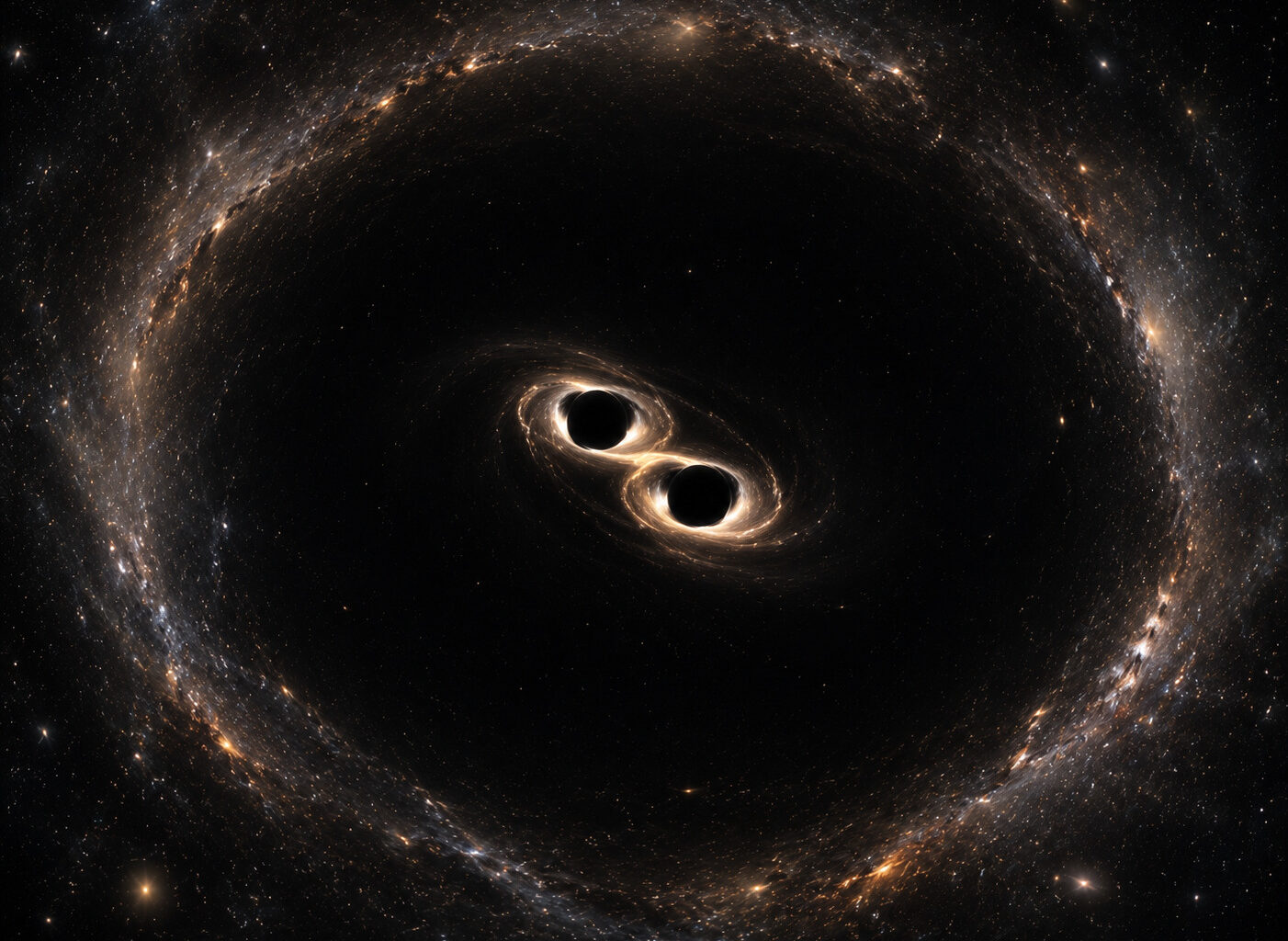 Artistic depiction of black holes merging and forming a void around them with no stars
