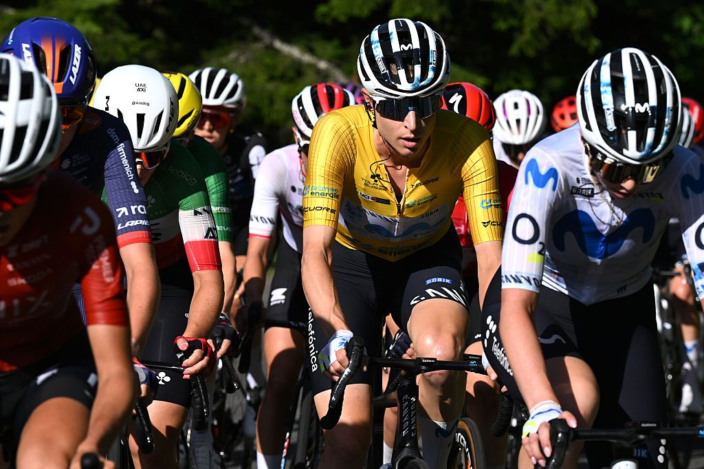 VILLARS-SUR-OLLON, SWITZERLAND - JUNE 21: Marlen Reusser of Switzerland and Team Movistar- Yellow Leader Jersey competes during the 10th Tour de Suisse Women 2026, Stage 5 a 100.4km stage from Villars-sur-Ollon to Villars-sur-Ollon 1249m / #UCIWT / on June 21, 2026 in Villars-sur-Ollon, Switzerland. (Photo by Tim de Waele/Getty Images)