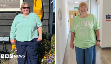 This is a composite image, on the left is her before she lost weight. She has blonde shoulder length hair and has sun glasses on. She is wearing a turquoise top and navy trousers. On the right is another photo of her, where she is wearing green t-shirt and jeans looking visibly thinner.
