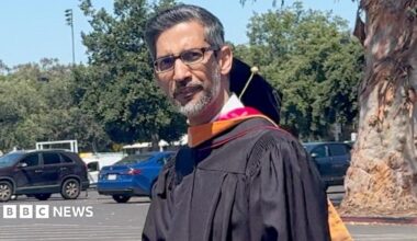 Sundar Pichai seen on the campus in a commencement gown