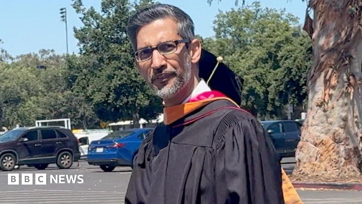 Sundar Pichai seen on the campus in a commencement gown